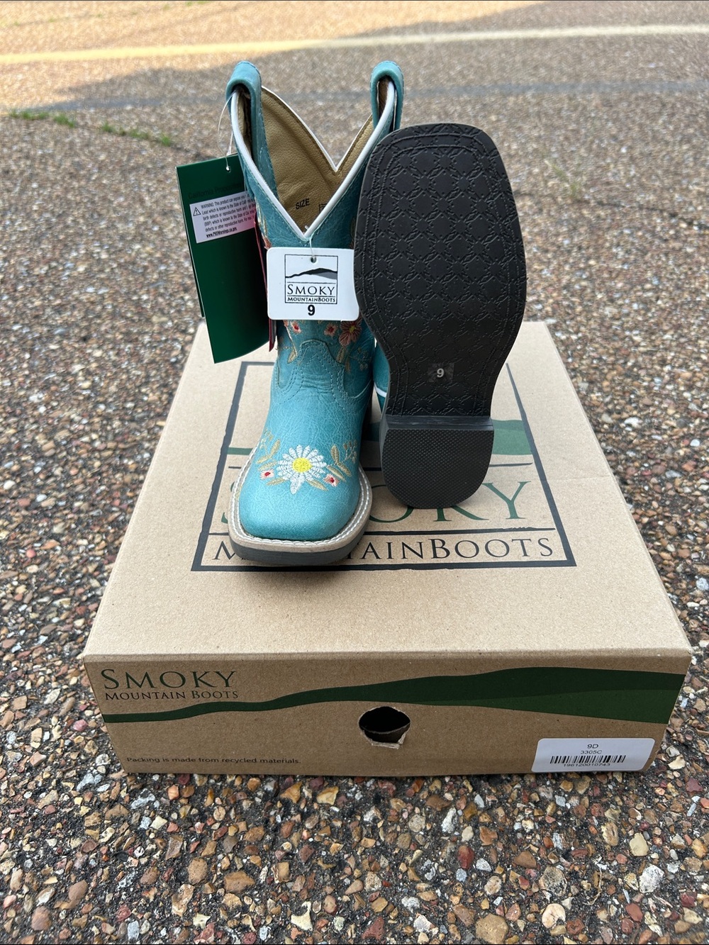 Children's Desert Flowers Design Turquoise Leather Square Toe Boots Size 9
